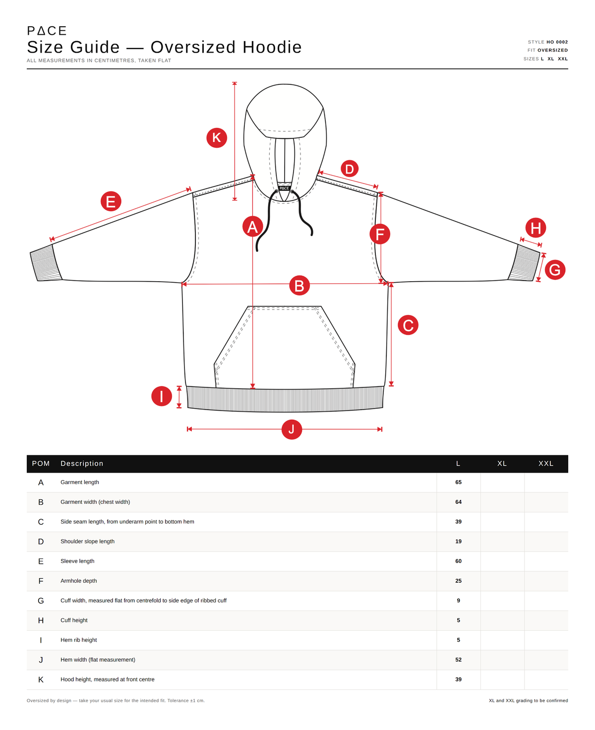 Size guide — Greatest Project Oversized Hoodie - Black